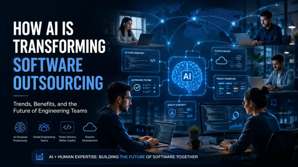 AI-powered software outsourcing teams collaborating with intelligent engineering tools and global technology workflows