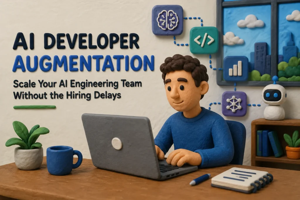 Claymation-style illustration of an AI developer working on a laptop, representing AI developer augmentation and the growth of modern engineering teams.