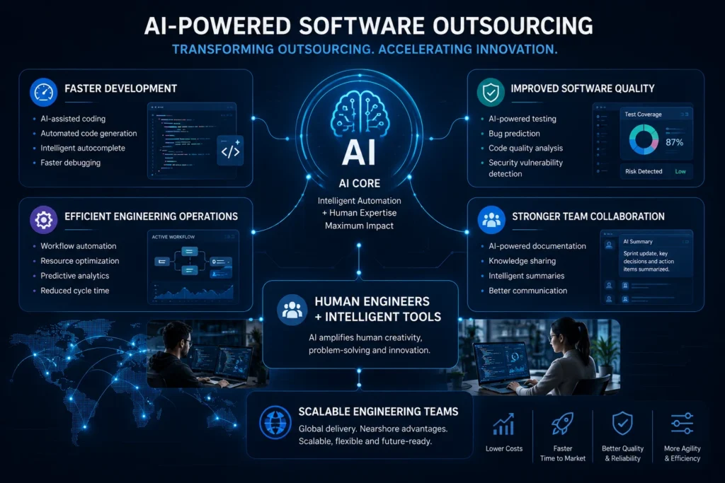 How AI Is Impacting Software Outsourcing 1 ai in software outsourcing,how ai is changing software outsourcing industry,impact of ai on outsourcing companies,will ai replace outsourcing developers,ai and nearshore software development trends,how companies use ai in outsourced development,software outsourcing trends 2026,nearshore development ai impact,automation in software outsourcing,future of offshore development,engineering cost reduction ai,staff augmentation trends AI-powered software outsourcing infographic showing faster development, improved quality, engineering efficiency, and team collaboration