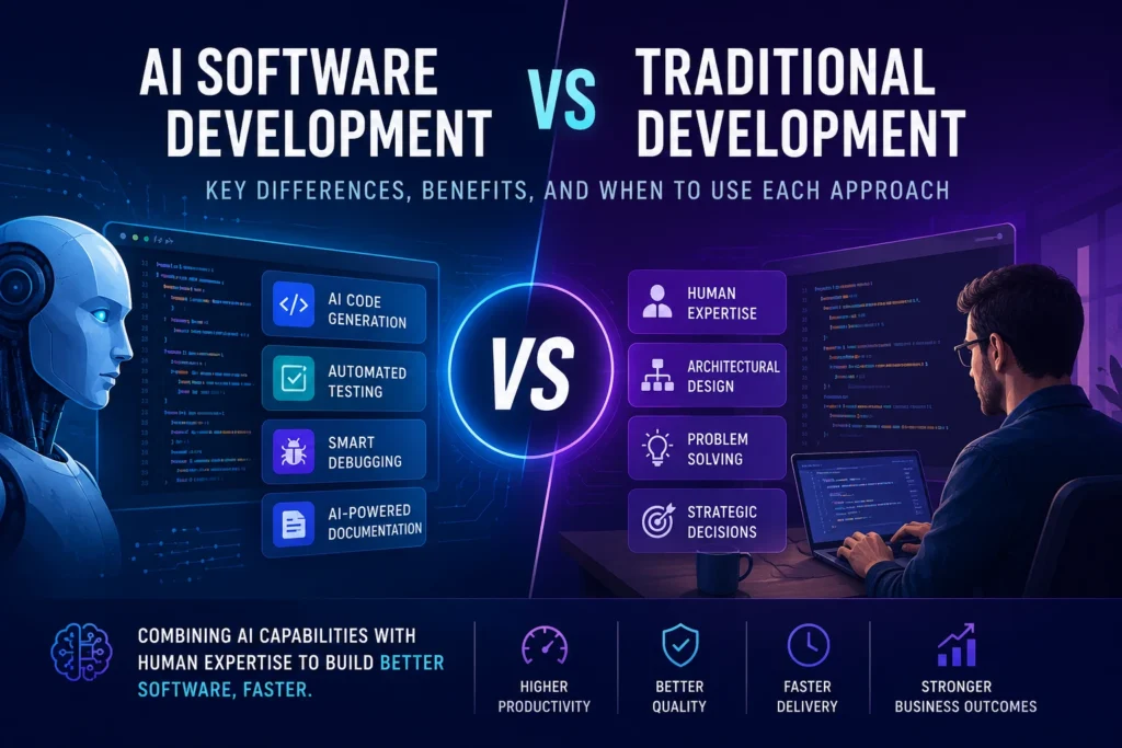 AI software development vs traditional development comparison showing AI-assisted coding and human software engineering working together to build modern applications.