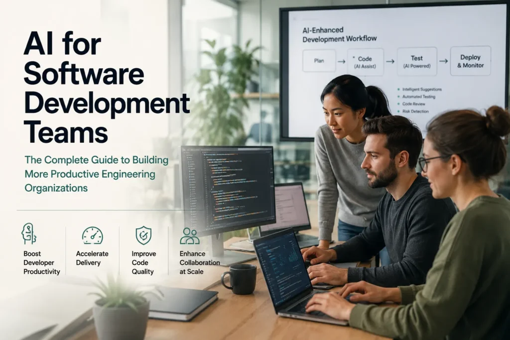 A team of software developers collaborates in a modern office using AI-assisted development tools, with code displayed on multiple screens to represent AI-powered software engineering workflows.
