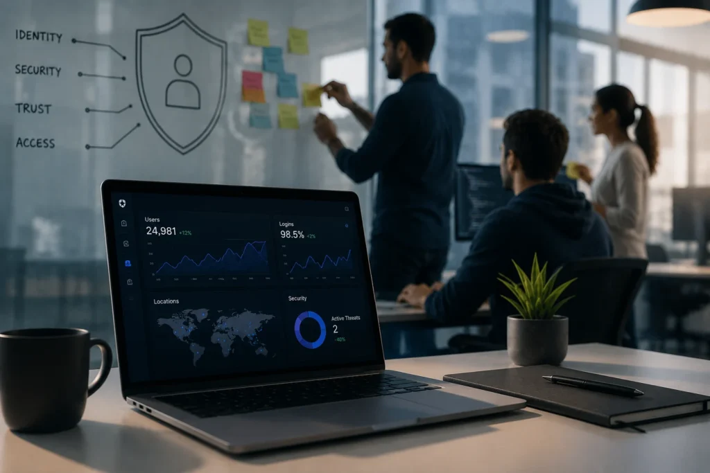 Engineering team collaborating on identity and access management solutions while monitoring security and authentication workflows in a modern technology workspace.