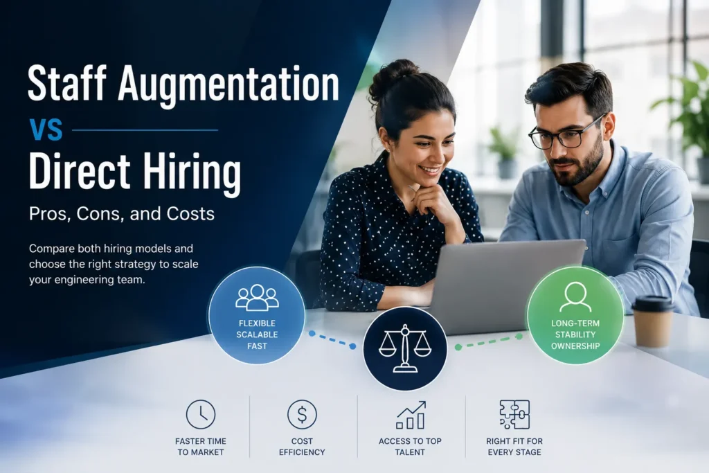 Illustration comparing engineering staff augmentation and direct hiring to help software leaders evaluate hiring strategies for scaling engineering teams.
