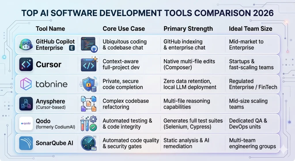 9 Best AI Tools for Software Engineering Teams in 2026 1 best ai tools for software engineering teams,best ai tools for developers 2026,ai tools for engineering productivity,ai tools for software development teams list,top ai software development tools comparison,tools developers use for ai assisted coding,coding productivity tools,ai developer assistants Infographic comparing leading AI software development tools in 2026 including GitHub Copilot, Cursor, Tabnine, Qodo, and SonarQube AI