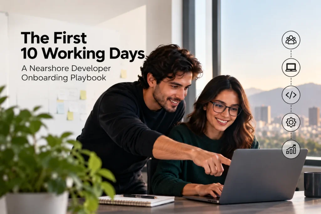 Nearshore developer onboarding with software engineers collaborating during the first 10 working days.