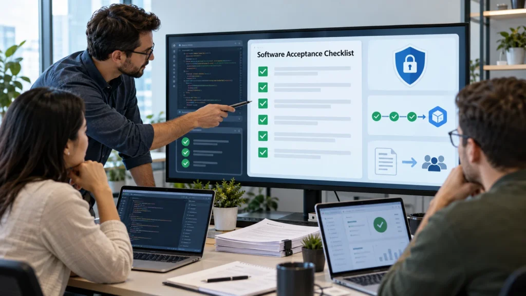 Engineering team reviewing a third-party software acceptance checklist for security, quality, and handoff.