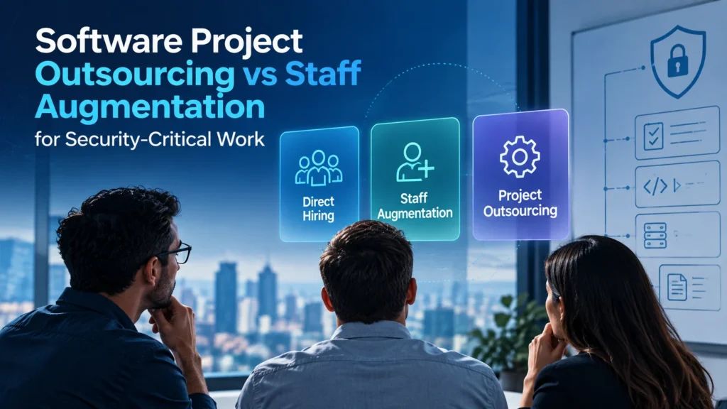 Technology leaders comparing direct hiring, staff augmentation, and project outsourcing for security-critical software work.