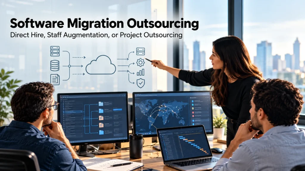 Software migration team evaluating direct hiring, staff augmentation, and project outsourcing options during a cloud migration planning session.