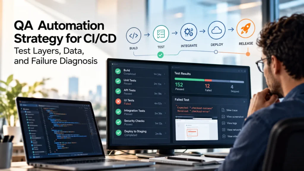 QA engineer reviewing CI/CD test results, automated test failures, and release pipeline diagnostics.