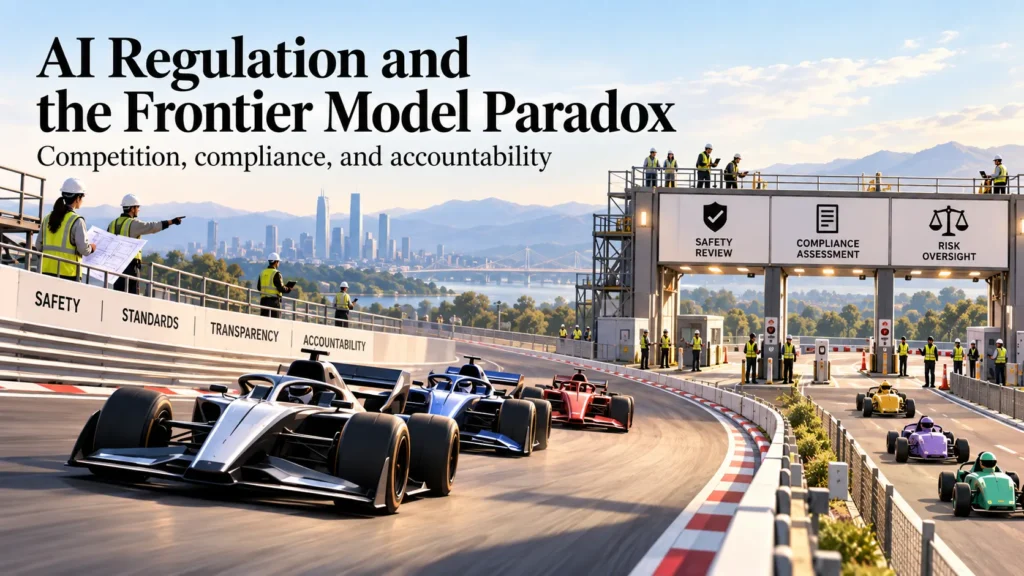 AI regulation illustrated as a frontier-model race where leading AI companies move through safety, compliance, and risk oversight checkpoints while smaller competitors face the same regulatory barriers.