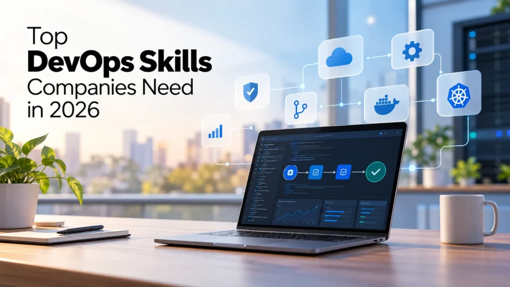 DevOps skills for 2026 illustrated with CI/CD, cloud, containers, security, monitoring, and Kubernetes around a modern engineering dashboard.