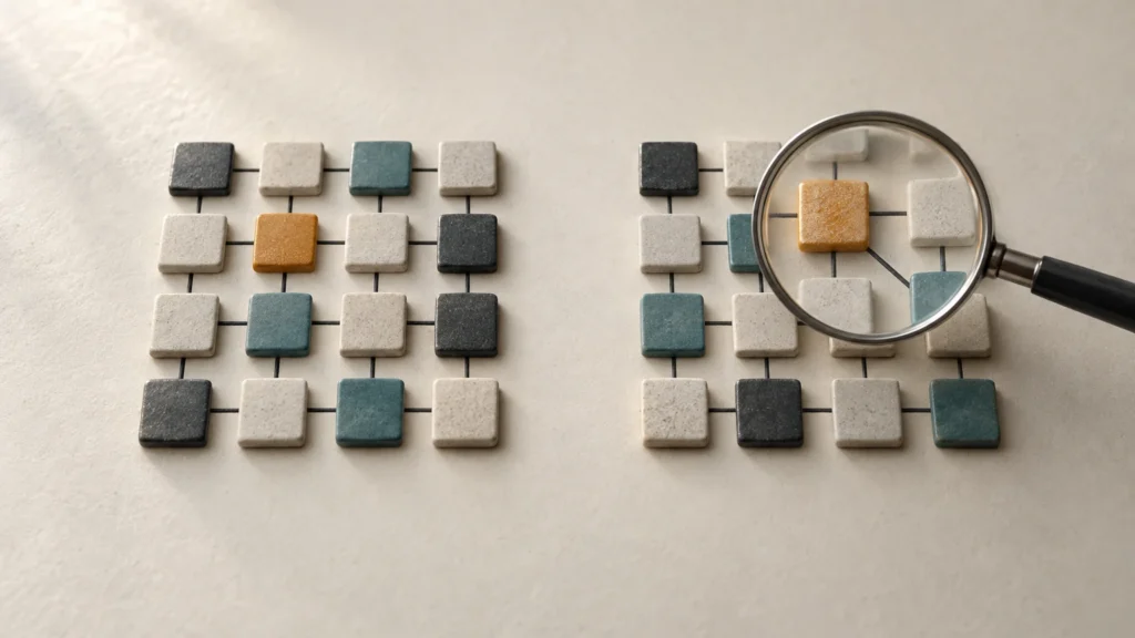 Database migration testing illustrated by equal-sized data grids with a mismatched record relationship under a magnifying lens.