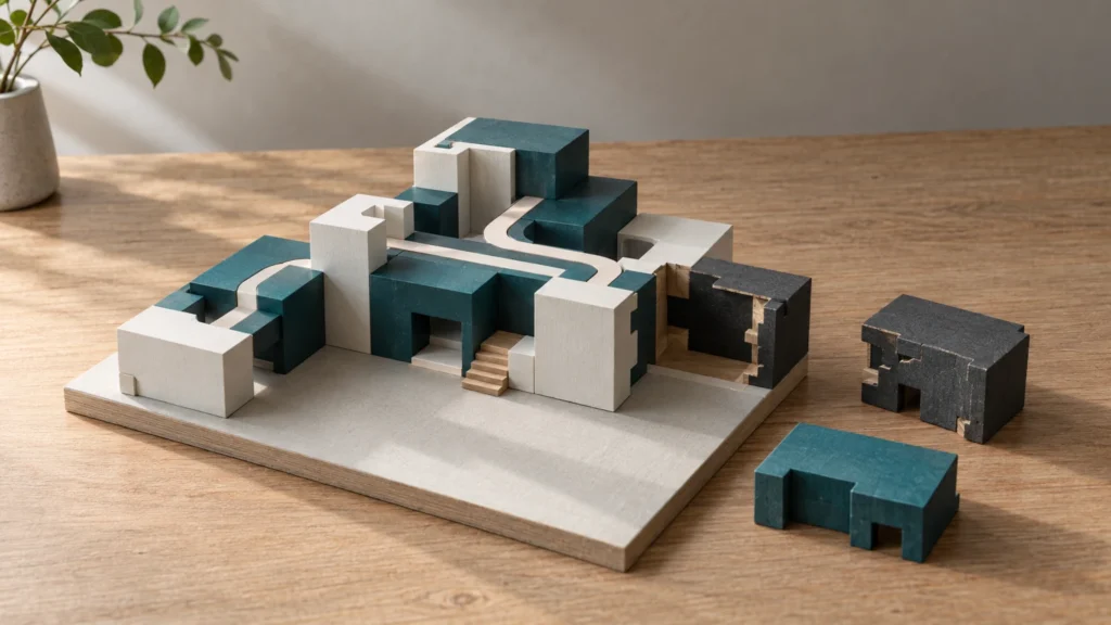 Modular model illustrating software project rescue, with a working core retained and a damaged section removed for evaluation.